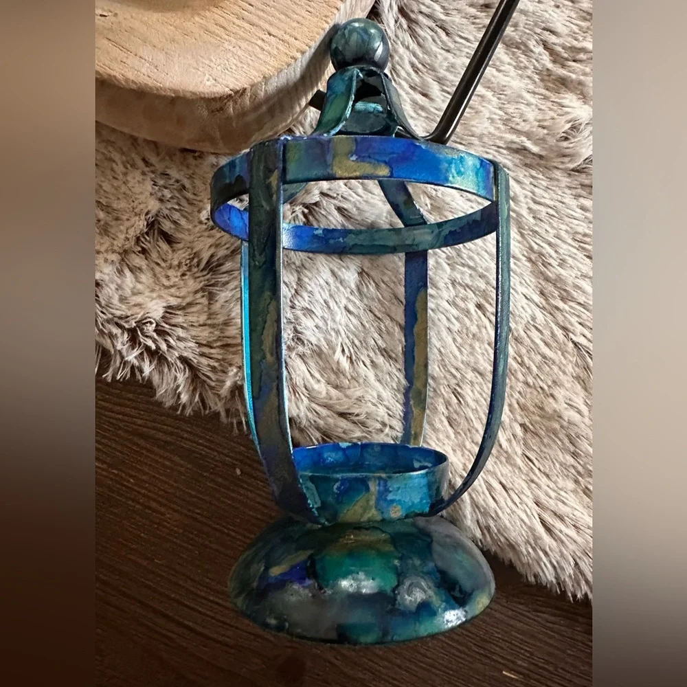 Handcrafted blue metal lantern votive holder with glass cup decorative accent
